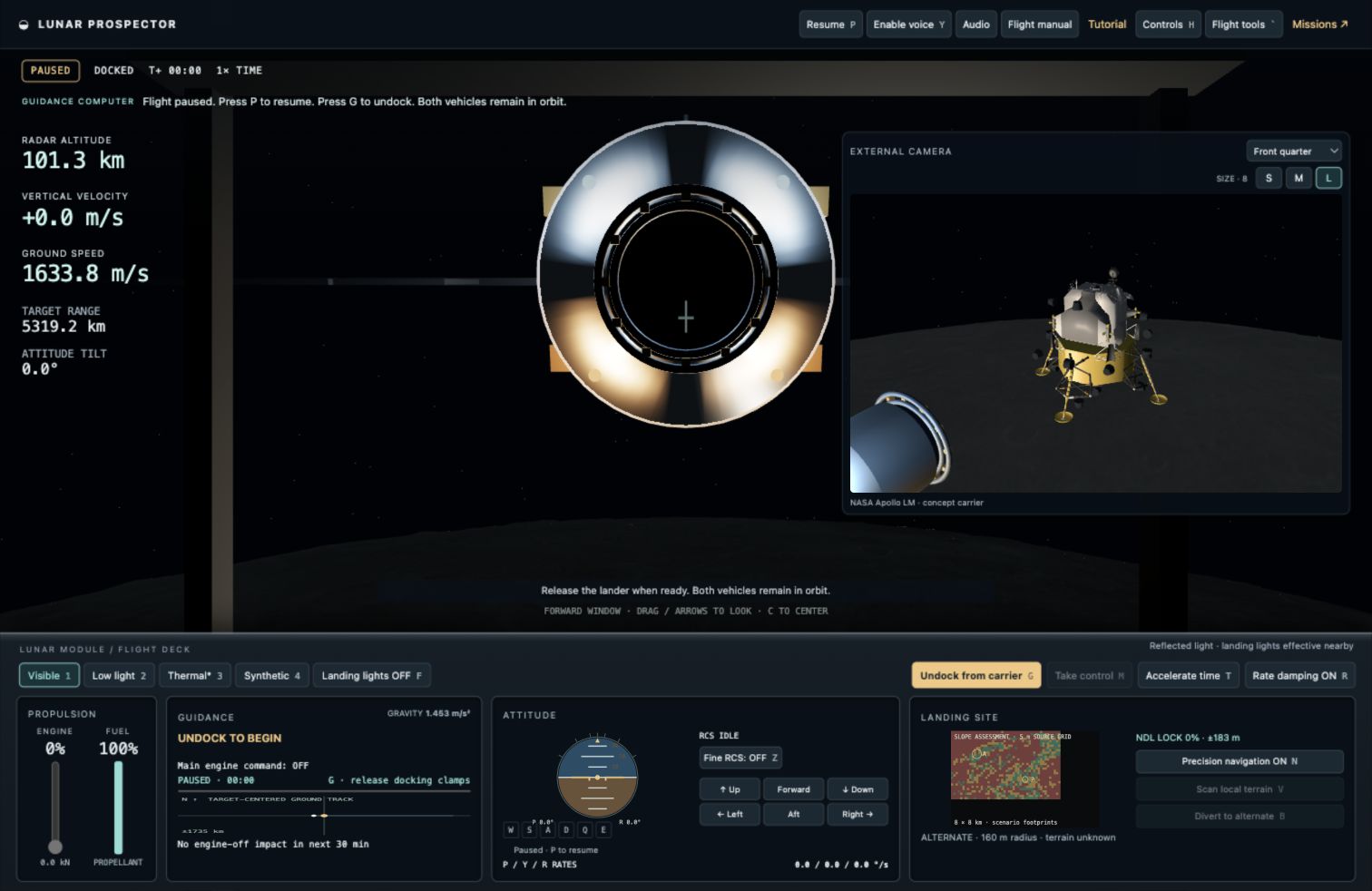 In-game orbital cockpit with carrier ahead and detailed lunar lander in the external camera
