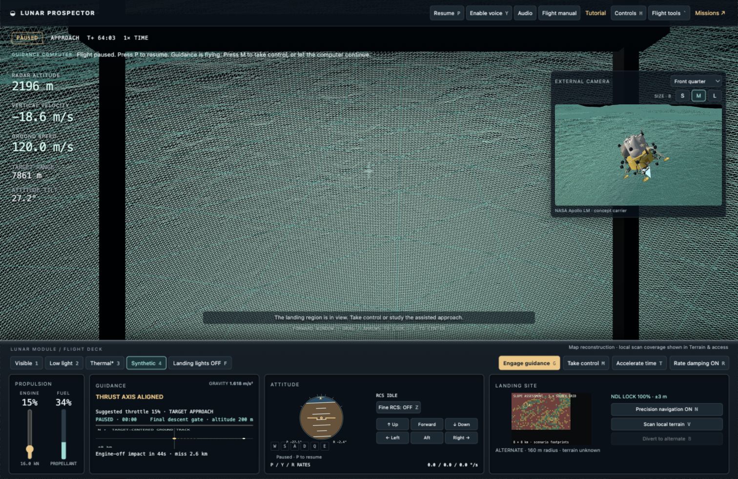 Synthetic terrain mode showing a reconstructed lunar surface and landing instruments